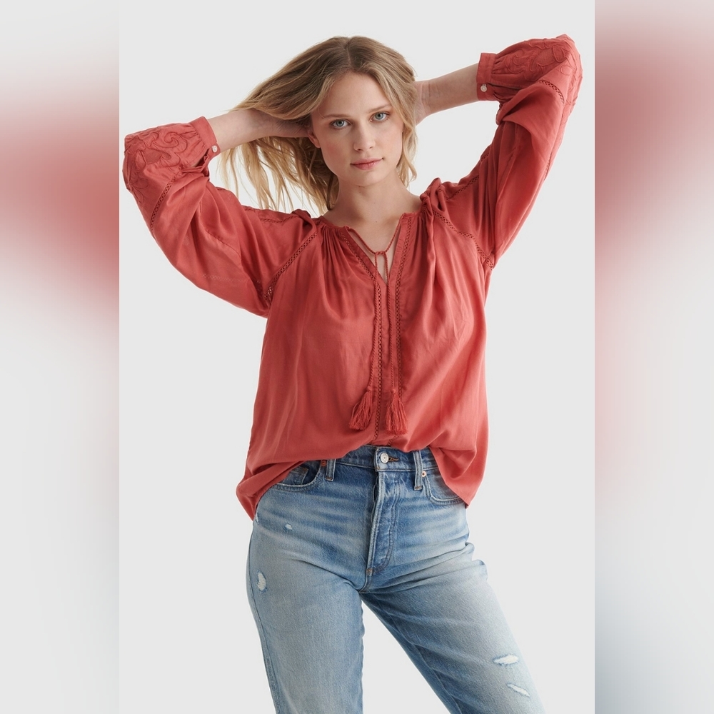 Lucky brand cutout boho embroidered rust long sleeve blouse S